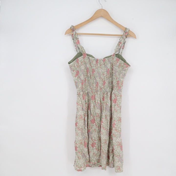 AUW Floral Mini Dress L Green Pink Ruffle Strap Smocked Back Womens