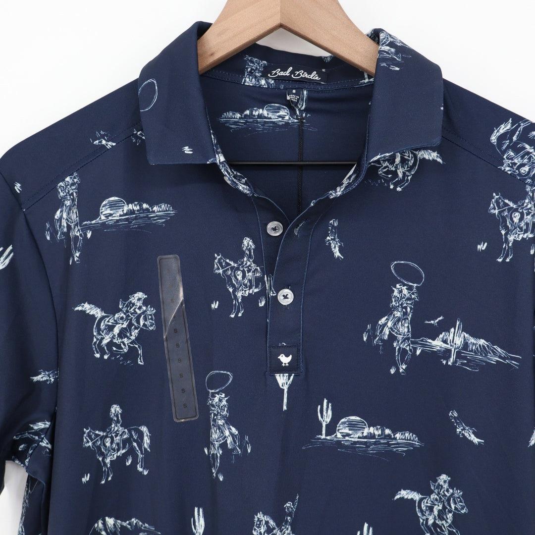 Bad Birdie Mens Yeehaw Core Polo Shirt Navy Blue Cowboy Print S