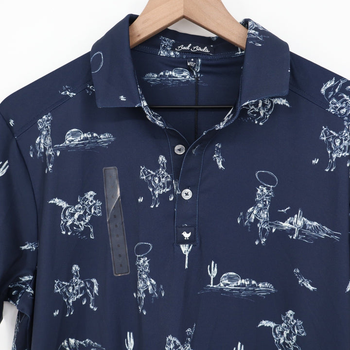 Bad Birdie Mens Yeehaw Core Polo Shirt Navy Blue Cowboy Print S