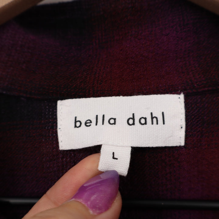 Bella Dahl Shirt Duster Dress Womens L Multi Plaid Roll Tab Sleeve Spread Collar