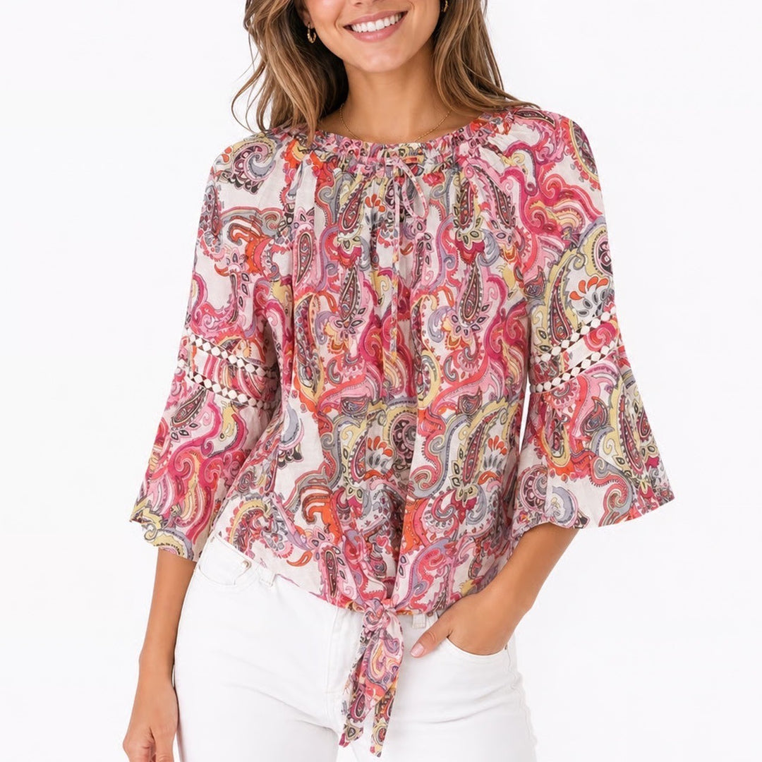 Notations Pink Paisley Off Shoulder Bell Sleeve Boho Tie Front Blouse Small
