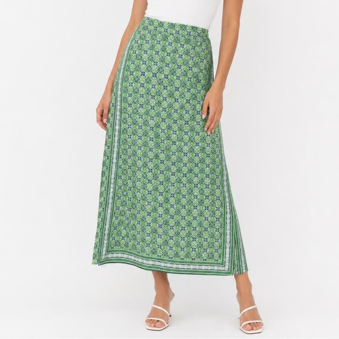 Max Studio Green Geometric Tile Print Maxi Skirt Side Slits Size M