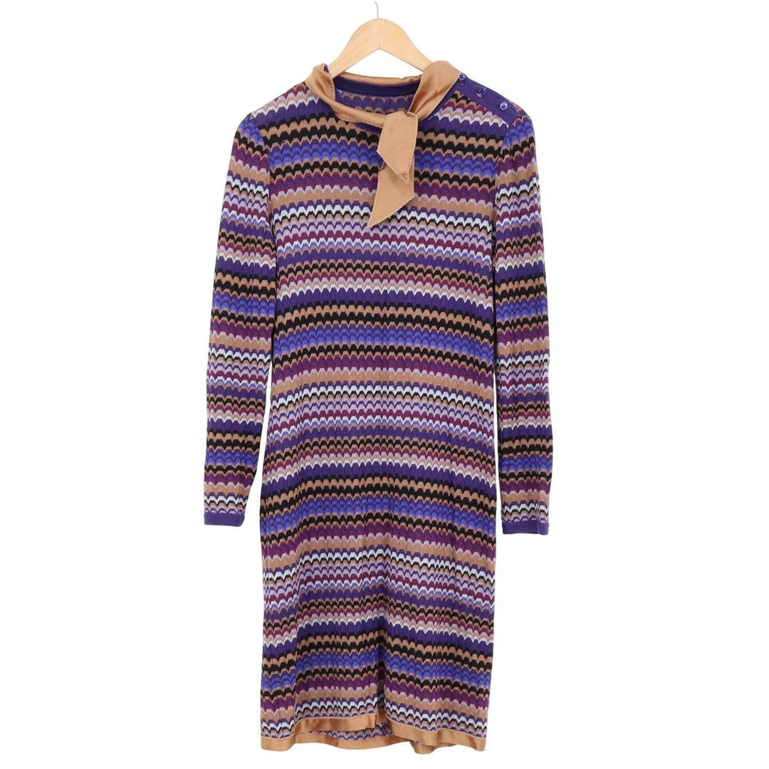 Missoni Vintage Purple Zigzag Knit Tie Neck Dress Wool Blend Made in Italy 42
