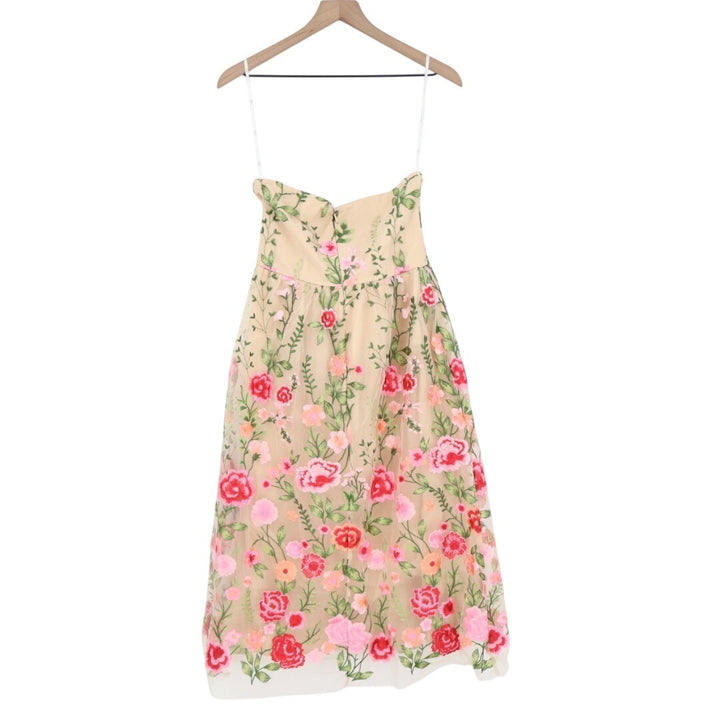 Lulus Endless Praise Midi Dress Womens Small Beige Floral Embroidered Strapless