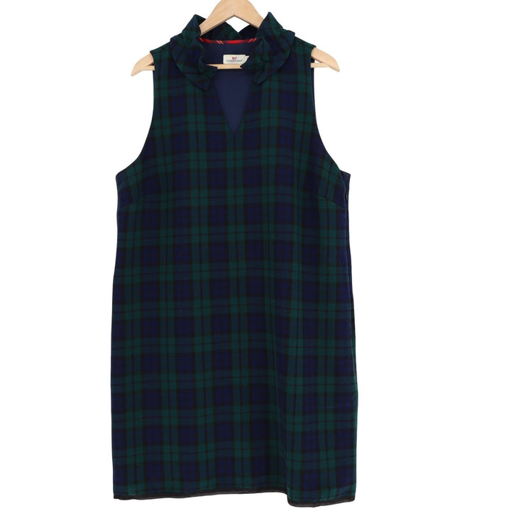 Vineyard Vines Black Plaid Ruffle Neck Sleeveless Shift Dress Green Blue 16