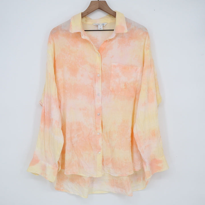 Old Navy The Boyfriend Shirt XL Orange Yellow Tie Dye Cotton Rayon Button Down