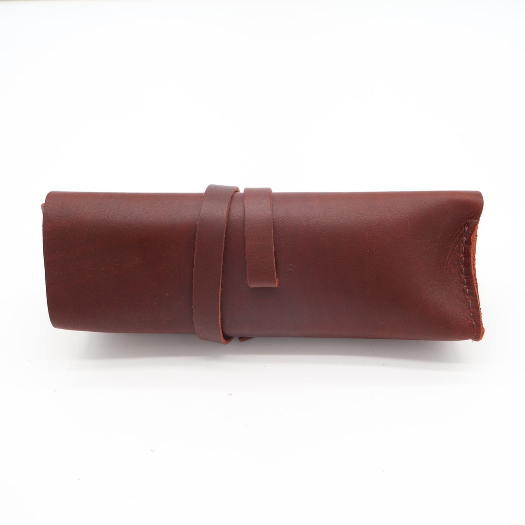Unisex Adults Pencil Case Dark Brown Genuine Leather Classic Wrap Strap