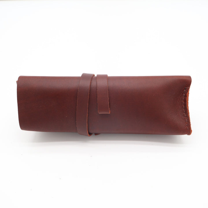Unisex Adults Pencil Case Dark Brown Genuine Leather Classic Wrap Strap
