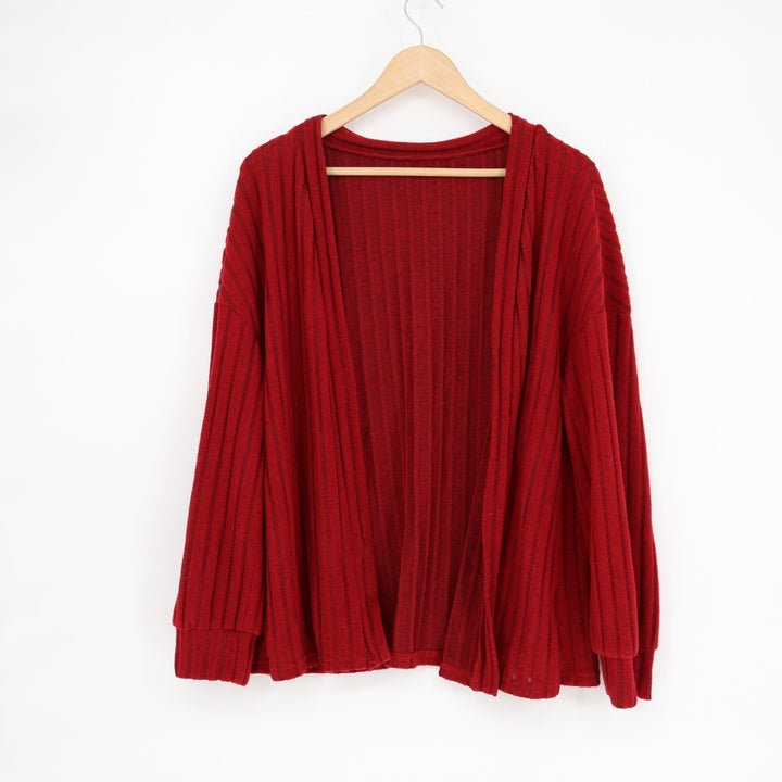 Shein Cardigan Sweater Women Large Burgundy Tight Knit Ribbed Stretch Open Front