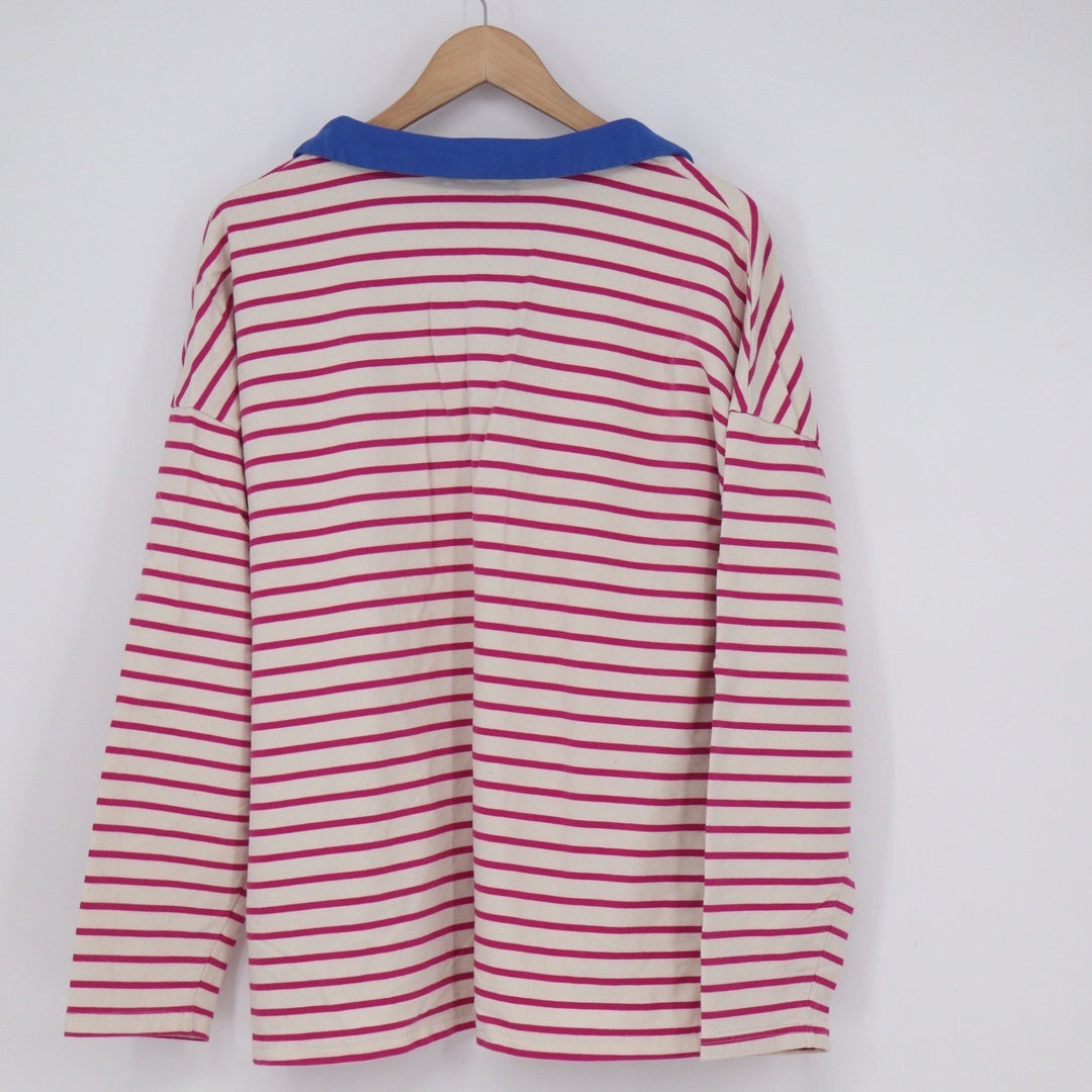 ZESICA Womens XL Pink White Striped Long Sleeve Polo Shirt Blue Collar KLK0604