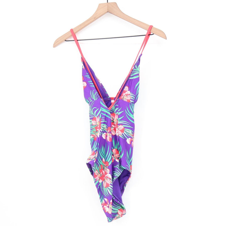 Old Navy Womens Purple Tropical Floral One Piece Swimsuit V-Neck Size M