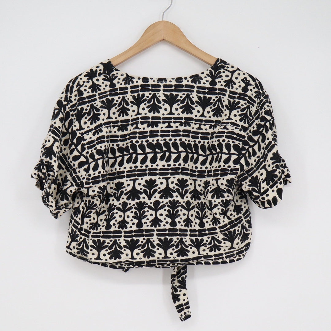 Koton Black White Linen Blend Block Print Tie Front Crop Top Size 36