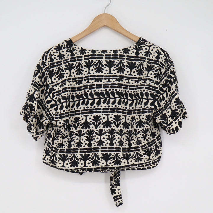 Koton Black White Linen Blend Block Print Tie Front Crop Top Size 36