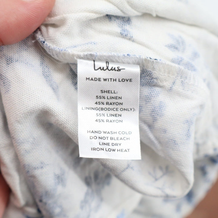 Lulus Mykonos Mood Tiered Midi Dress Womens S Navy Blue Floral Linen Tie-Strap