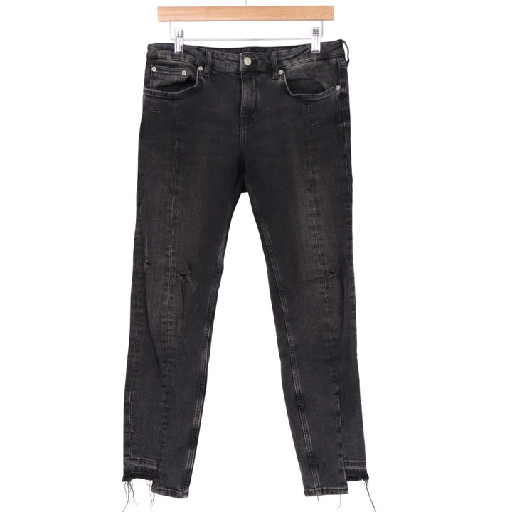 Zara Jeans Womens 8 Black Premium Denim Distressed Step Raw Hem Low Rise Skinny
