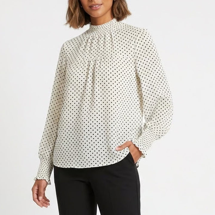 Blashe Blouse Womens 2XL White Polka Dot Pleated Mock Neck Smoked Long Sleeve