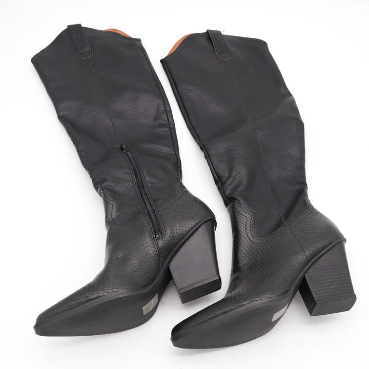 Black Vegan Leather Snakeskin Embossed Western Knee High Pointed Toe Boots 6