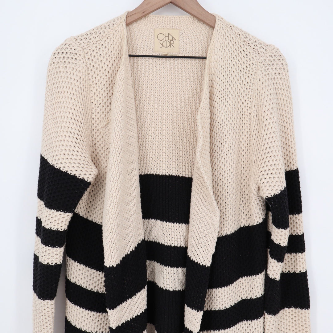 Chaser Cardigan Sweater Womens Medium Beige Black Striped Cotton Knit Open Front
