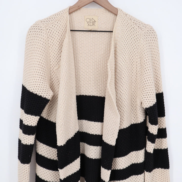 Chaser Cardigan Sweater Womens Medium Beige Black Striped Cotton Knit Open Front