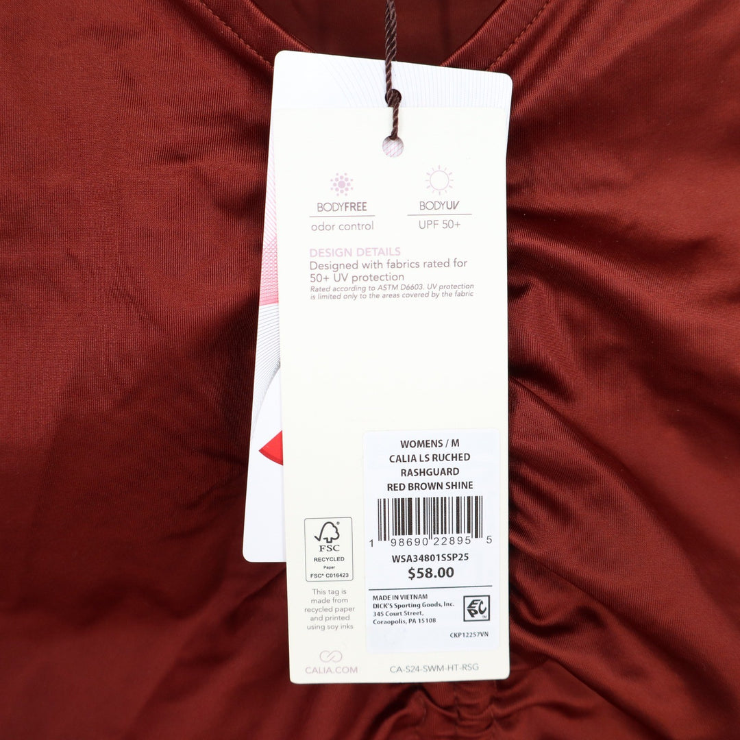 CALIA Womens Ruched Long Sleeve Rashguard Red Brown Shine UPF 50+ M