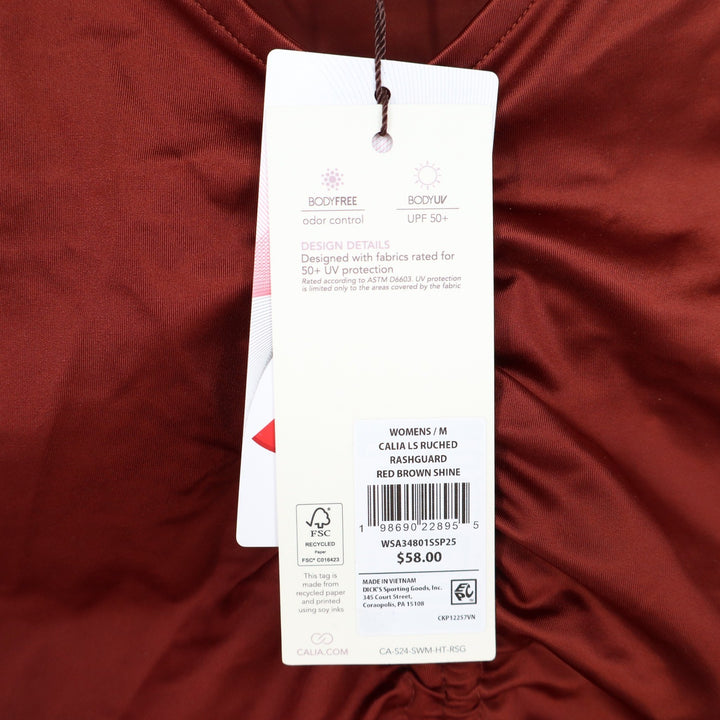 CALIA Womens Ruched Long Sleeve Rashguard Red Brown Shine UPF 50+ M