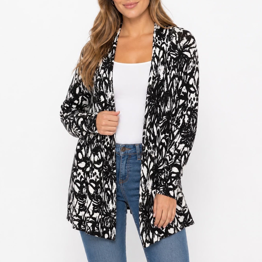 Chicos Black White Abstract Floral Linen Blend Open Front Cardigan Size 1 M
