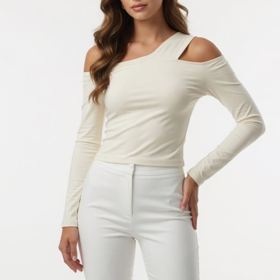 Abercrombie & Fitch Cream One Shoulder Long Sleeve Top Large