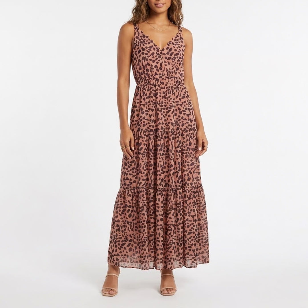 Melloday Leopard Print Scalloped Tiered Maxi Dress Pink Black M
