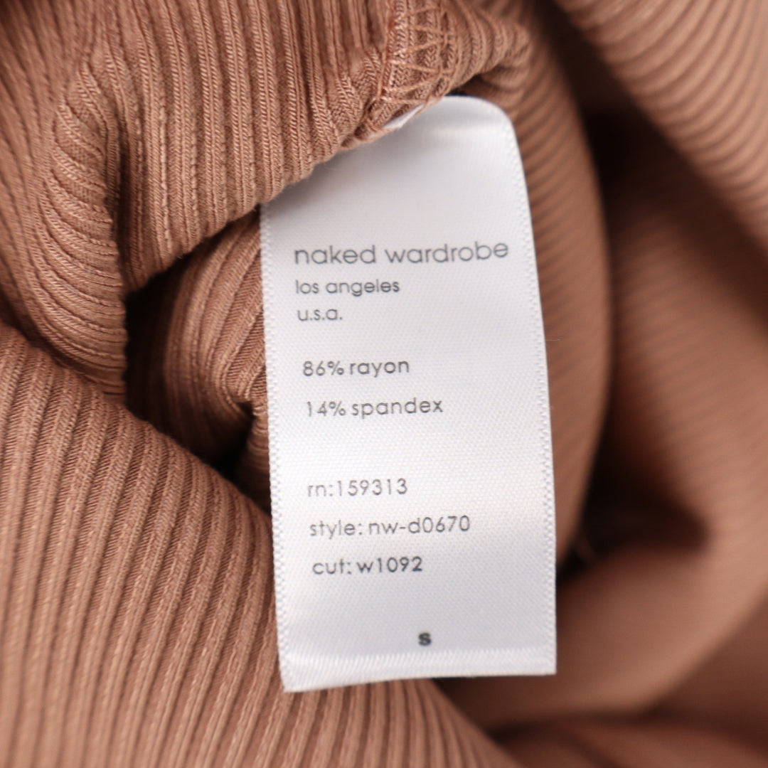 Naked Wardrobe Ribbed Deep V-Neck Maxi Dress Tan Long Sleeve Small