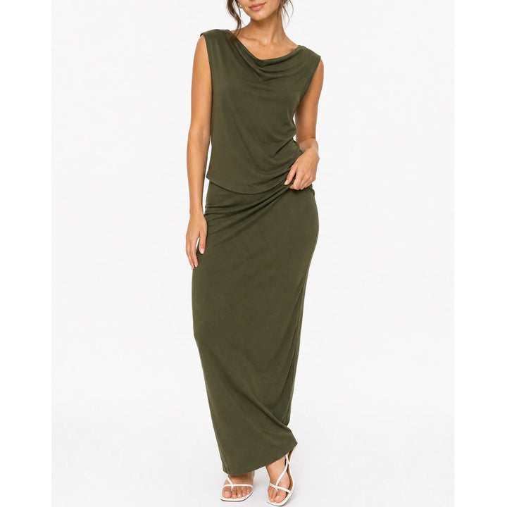 Unbranded 2 Piece Set Womens XL Draped Cowl Neck Maxi Skirt Olive Green