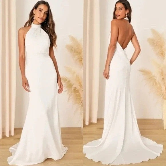 Lulus Eternity Together White Satin Halter Mermaid Maxi Dress Size L