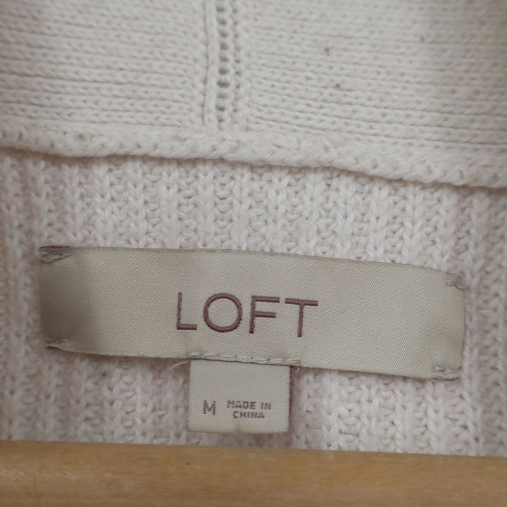 LOFT Womens Ribbed Open Front Cardigan Sweater Cream Ivory Cotton Wool Blend M
