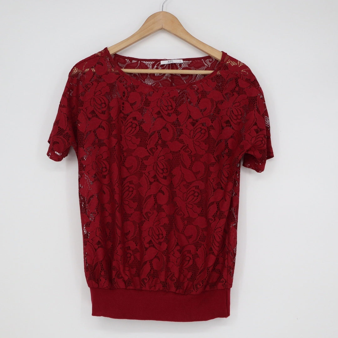 edc by Esprit Womens Red Floral Lace Short Sleeve Ribbed Hem Top Small