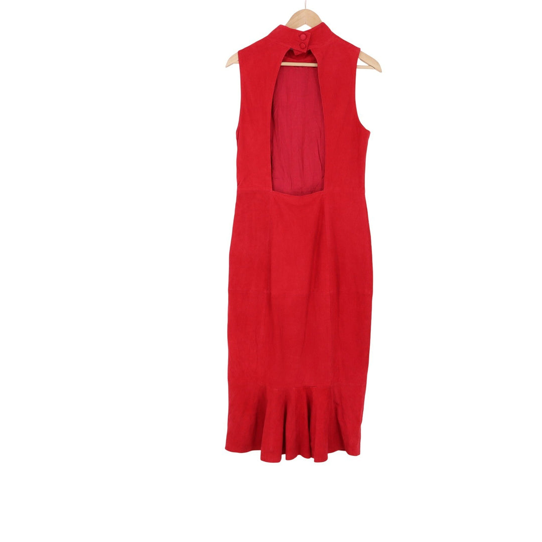 Jill Midi Dress Womens 10 Limited Edition Red Suede Open Back Ruffle Excellent