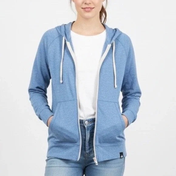 American Giant Lightweight Full Zip Hoodie Women L Heather Blue Tri Blend Jersey