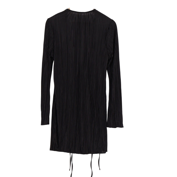 Black Plisse Pleated Long Sleeve Mini Dress Deep V-Neck Tie Front Size L