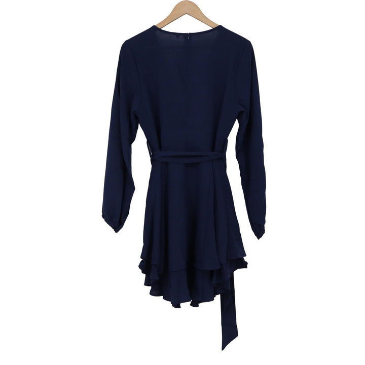 Navy Blue Long Sleeve Tiered Ruffle Mini Dress Wrap V-Neck Size L
