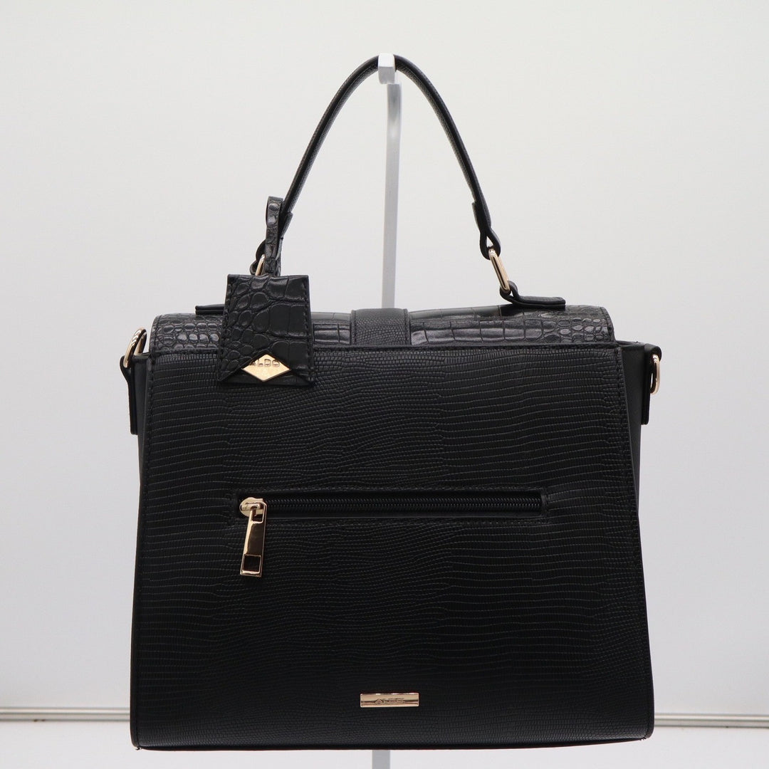 Aldo Black Croc Lizard Embossed Top Handle Satchel Bag Gold Padlock Detail