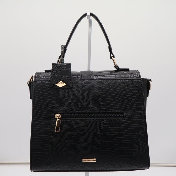 Aldo Black Croc Lizard Embossed Top Handle Satchel Bag Gold Padlock Detail