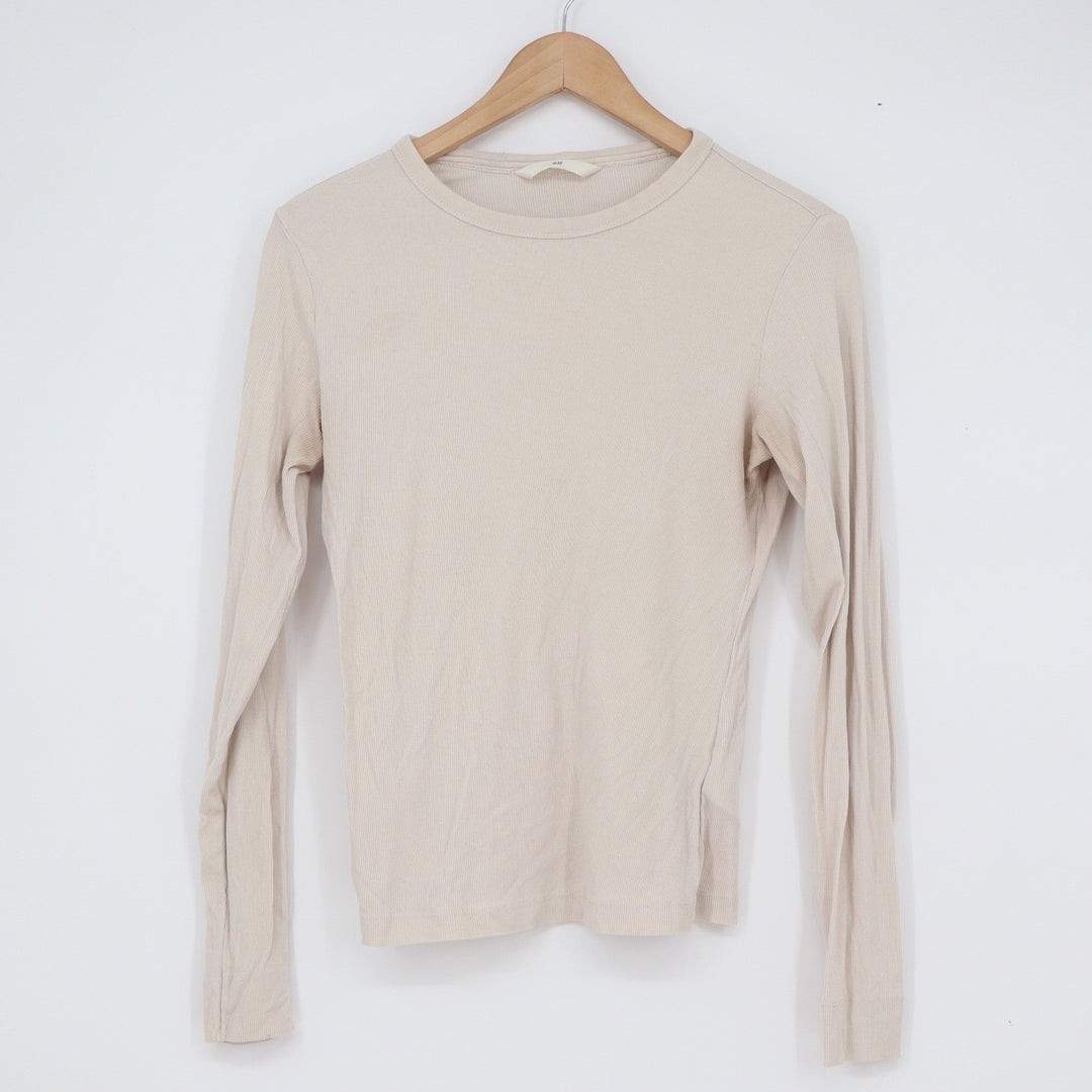 H&M Beige Ribbed Long Sleeve Crewneck Top Cotton Modal Blend Size M
