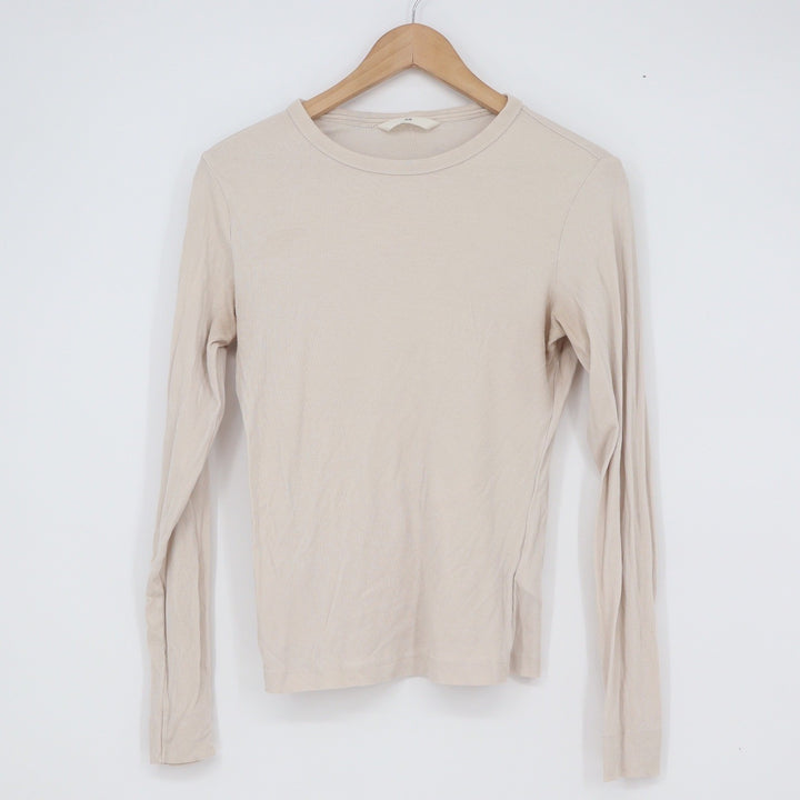 H&M Beige Ribbed Long Sleeve Crewneck Top Cotton Modal Blend Size M