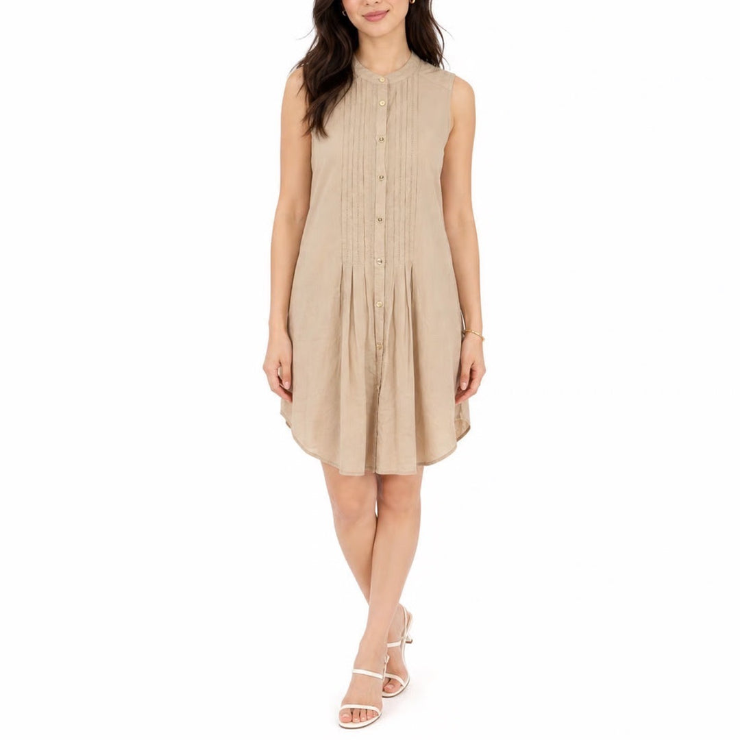 Michael Michael Kors Tan Cotton Pintuck Sleeveless Button Down Tunic Top Size 6