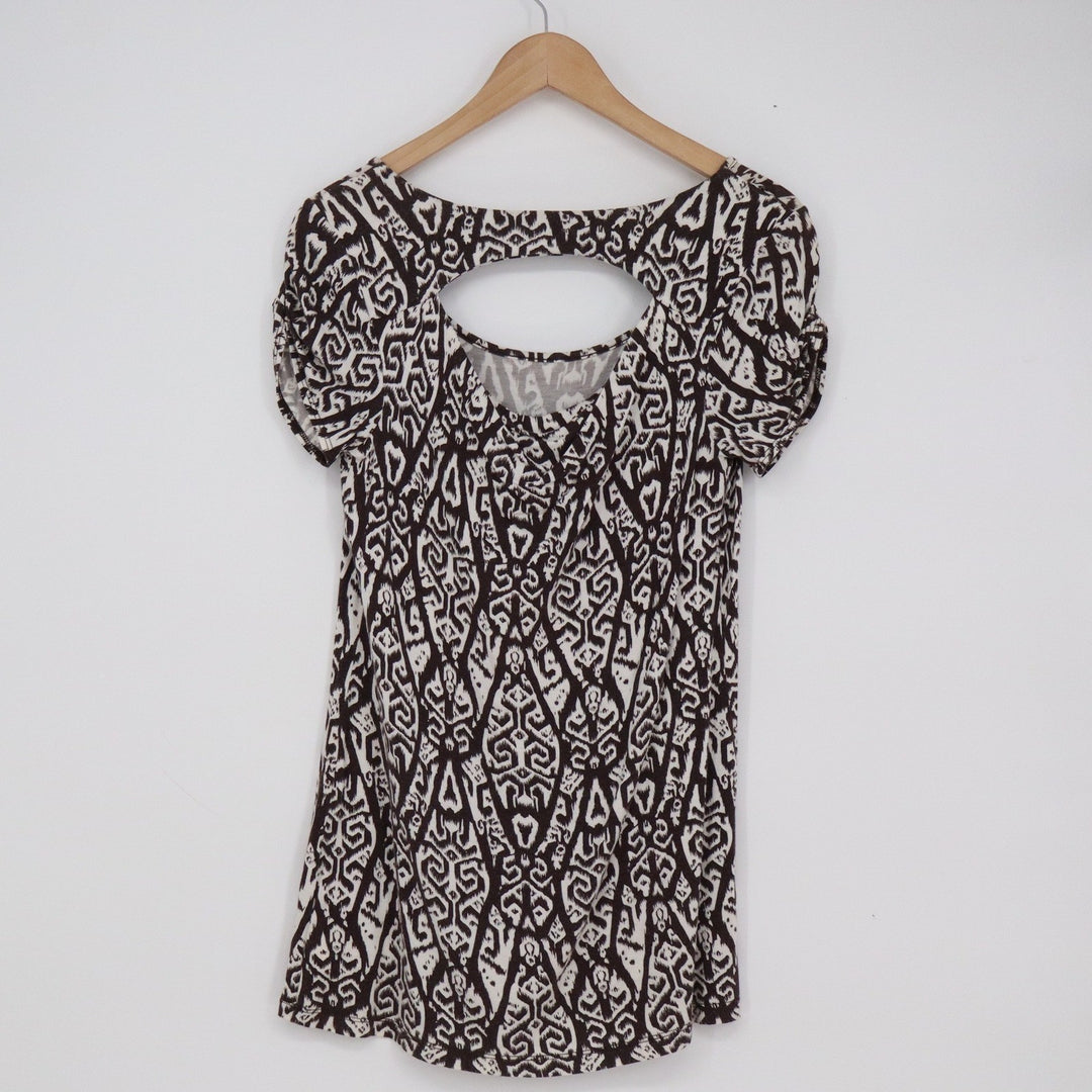 AB Studio Womens Brown White Ikat Geometric Knit Top Short Sleeve Cutout Back S