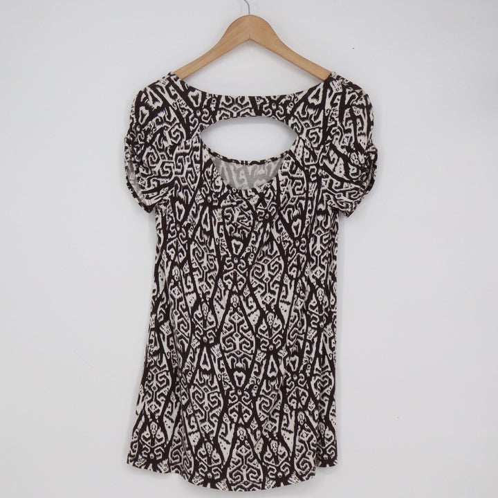 AB Studio Womens Brown White Ikat Geometric Knit Top Short Sleeve Cutout Back S