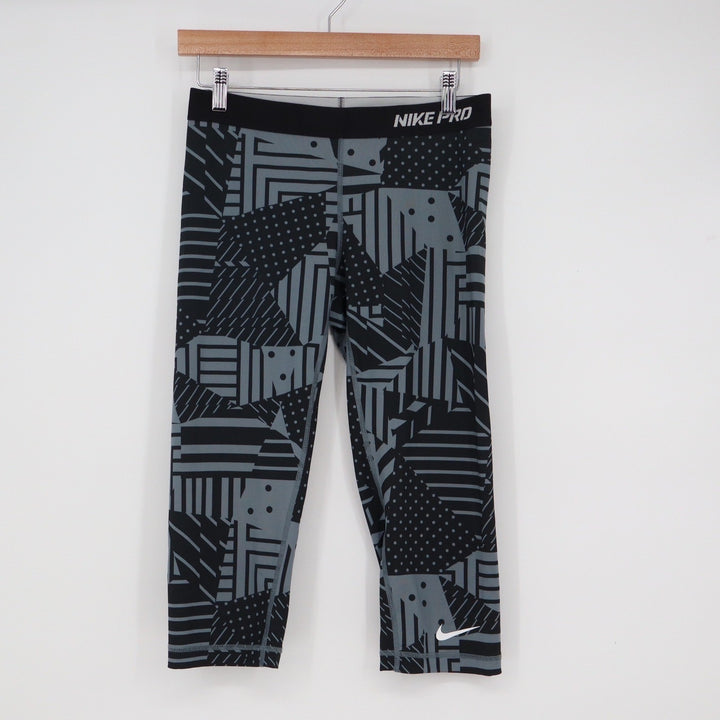 Nike Pro Dri-FIT Grey Black Geometric Patchwork Cropped Leggings Womens Medium