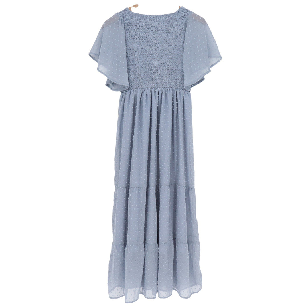 Womens Dusty Blue Swiss Dot Smocked Maxi Dress Boho Flutter Sleeve Tiered M