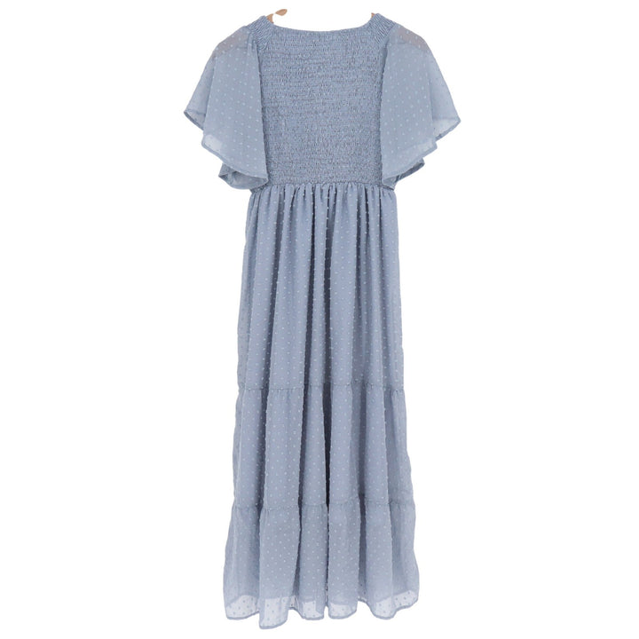 Womens Dusty Blue Swiss Dot Smocked Maxi Dress Boho Flutter Sleeve Tiered M
