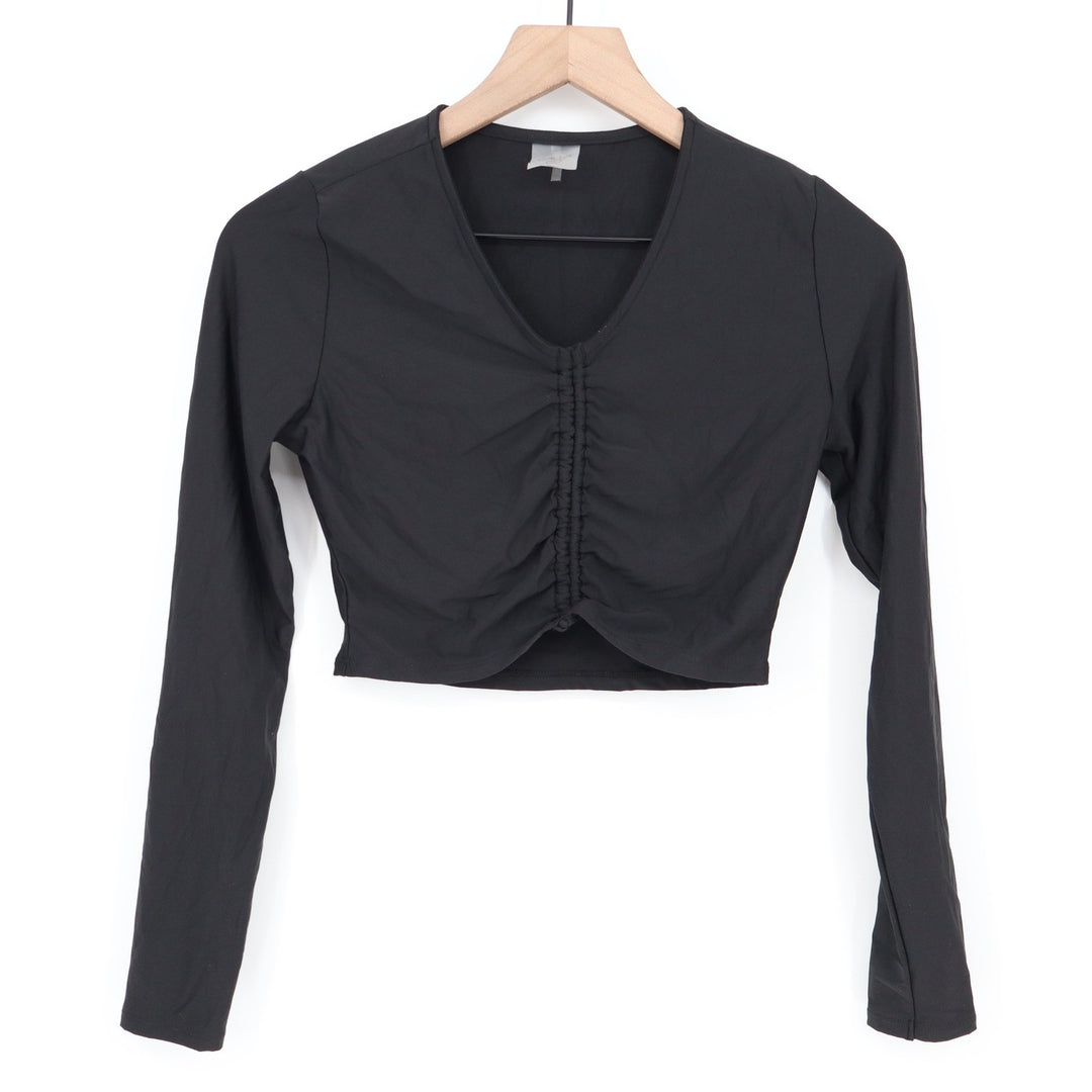 Calia Black Ruched Front Long Sleeve Crop Top V-Neck Womens XS