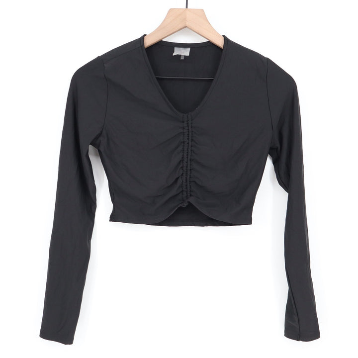 Calia Black Ruched Front Long Sleeve Crop Top V-Neck Womens XS