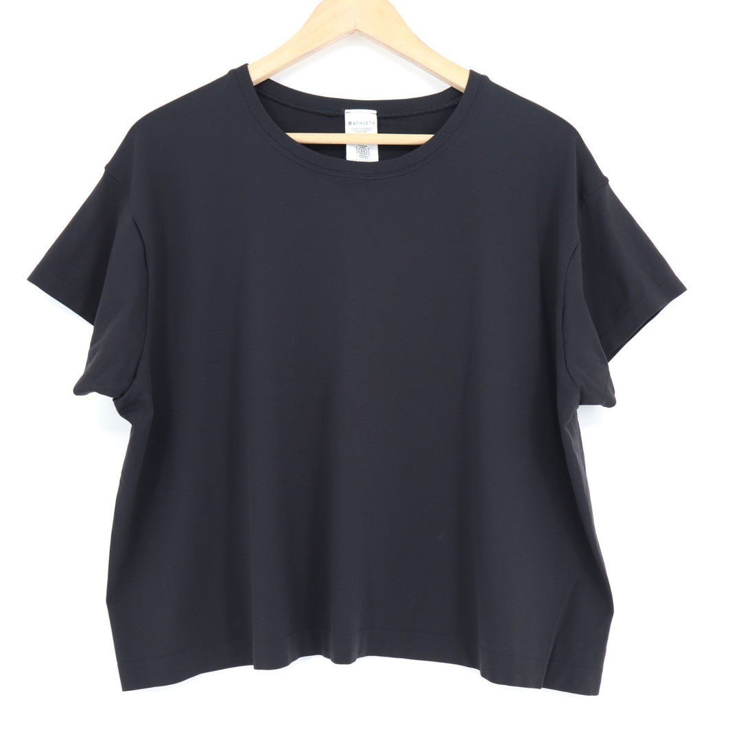 Athleta Cropped T-Shirt Women XL Black Nylon Short Sleeve Crew Neck Pullover